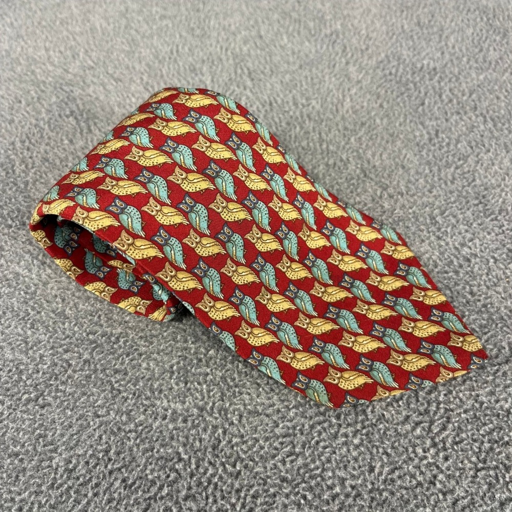 Lord & Taylor Owl Print Silk Tie Men Red Blue Gold Animal Whimsical Academic